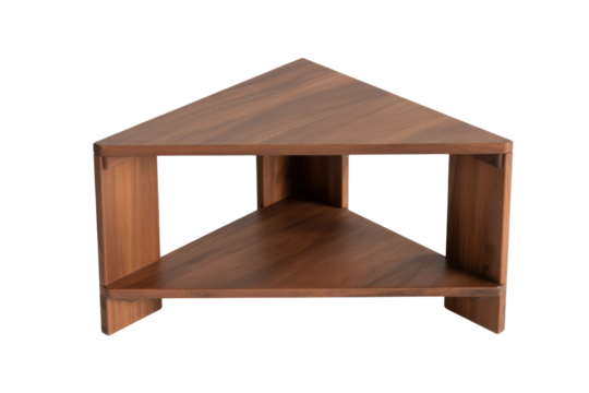 Elegant dark wood corner shelf unit featuring two triangular tiers. Perfect for maximizing space and adding stylish storage to any room. background removed