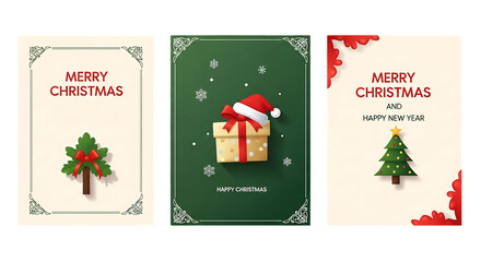 Set of three Christmas greeting cards featuring festive illustrations including trees, gifts, and snowflakes, perfect for holiday messages