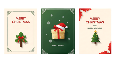 Set of three Christmas greeting cards featuring festive illustrations including trees, gifts, and snowflakes, perfect for holiday messages