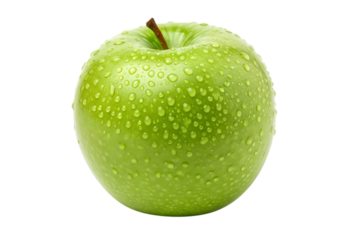 Juicy green apple freshly washed with water droplets ready to eat isolated on transparent background