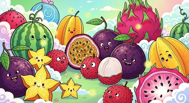 Cute Kawaii Fruits Characters Collection.