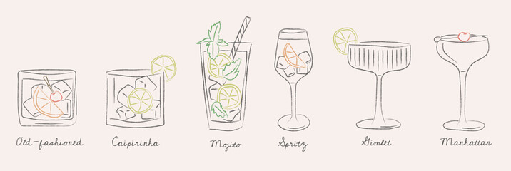 Vintage doodle cocktail glass set for bar menu, kitchen wall art, or social media in retro hand-drawn style. Cute outline illustration of classic drinks for restaurant, party, and poster design. 