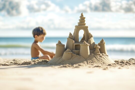 Child builds a sandcastle during a sunny day at the beach by the ocean waves - Powered by Adobe