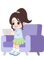 A young girl with a ponytail, wearing a light blue polo shirt and a green skirt, happily plays on a tablet while sitting on a purple couch
