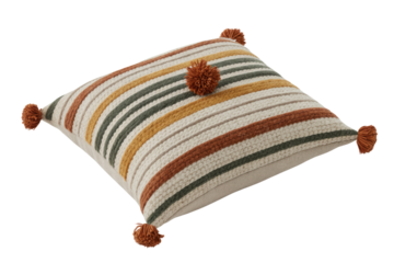 Cozy striped decorative pillow with multi-colored textured knit pattern and playful rust pom-poms. A stylish accent for any living space. background removed