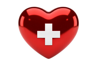 Obraz premium Glossy red heart with white cross symbol medical health care concept isolated on transparent background