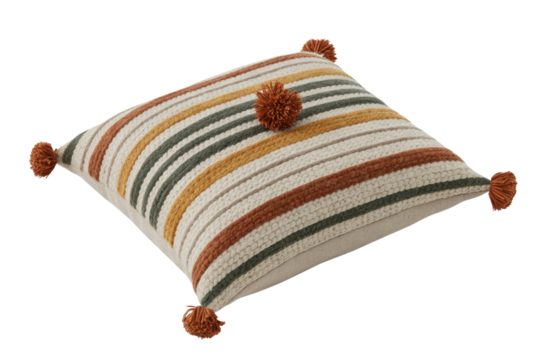 Cozy striped decorative pillow with multi-colored textured knit pattern and playful rust pom-poms. A stylish accent for any living space. background removed