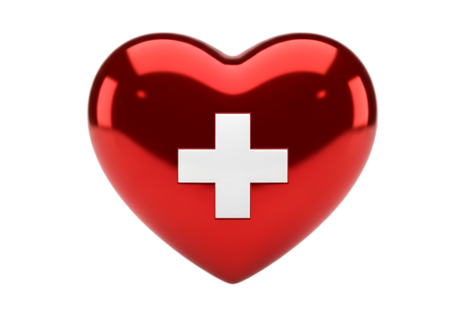 Glossy red heart with white cross symbol medical health care concept isolated on transparent background