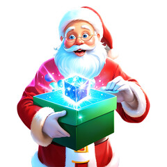Santa claus holding a glowing gift isolated on transparent background isolated on white background
