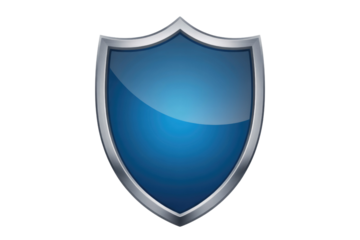 A glossy blue shield with a silver metallic border, symbolizing protection and security. Ideal for safety, guarantee, or antivirus concepts. background removed