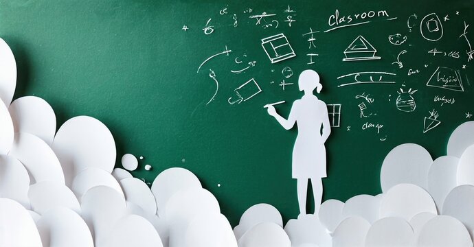 Papercraft scene depicts teacher, chalkboard covered with equations, diagrams. White shapes suggest bubbles or students. Minimalist style. - Powered by Adobe