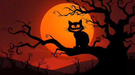 halloween night background, creepy cat 