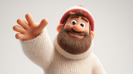 Friendly Cartoon Character Wearing a Cozy Sweater and Red Hat, Cheerfully Waving Goodbye with a Big Smile