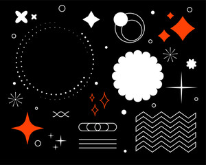 Vector illustration of an abstract background with stars, a floral pattern, and gears in a black, circle-based design