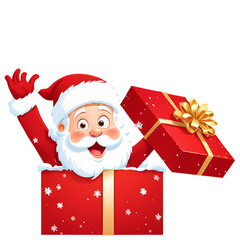 Santa claus popping out of a gift box isolated on transparent background isolated on white background