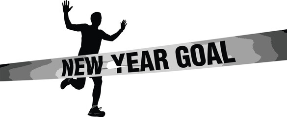 Silhouette of person crossing finish line with new year goal banner,  symbolizing new year resolution