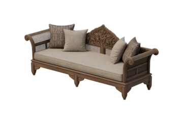 An elegantly carved wooden daybed features a rattan frame, neutral cushions, and ornate floral backrest, exuding classic charm and comfort. background removed