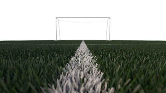 Close up view of a soccer goal and field, with white line markings, cutout, PNG isolated on white or transparent background