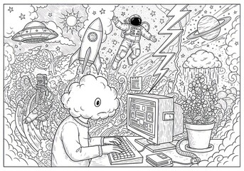 Fantasy illustration depicting space travel and technology