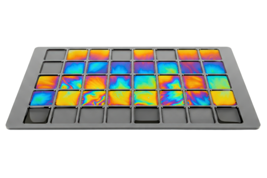 Plastic palette with iridescent liquid for color calibration isolated on a transparent background