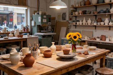 A bright pottery workshop displays various finished and unfinished clay pieces on a wooden table, with sunflowers providing a cheerful accent. Tools and equipment fill the background shelves.
