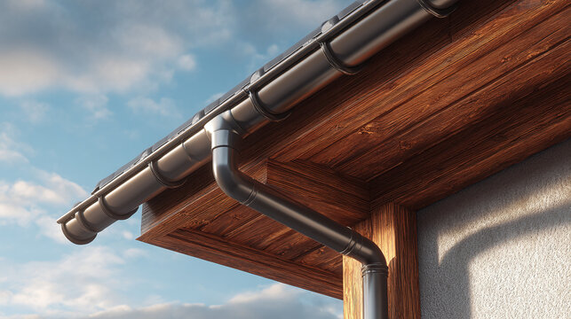 A detailed shot of a roof with a gutter system in place, perfect for architectural projects and design concepts. The image showcases the interplay of textures, shadows and the clear sky