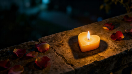 A glowing heart-shaped candle illuminates dark rose petals scattered across a rough stone balcony ledge at night, creating an intimate, romantic atmosphere with a dark background.