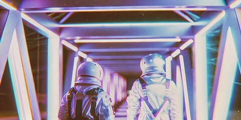Two astronauts walking through a futuristic neon corridor. Sci-fi concept with glowing lights, space travel, technology and exploration atmosphere