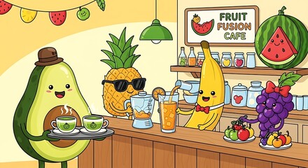 Cartoon Fruit Cafe Scene with Avocado Pineapple Banana and Grapes.