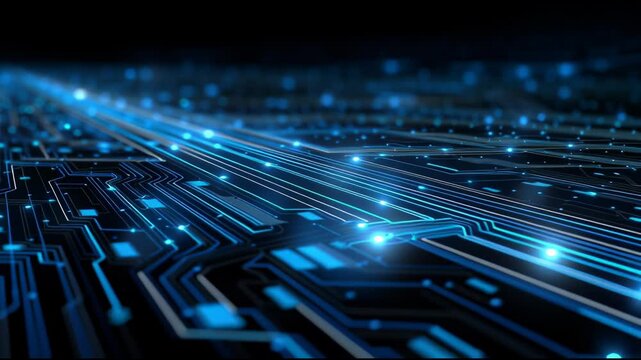 Circuitry's glow in technology : An abstract image, revealing a network of electronic pathways bathed in vibrant blue light, highlighting the intricate details of modern technology