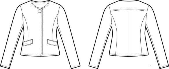 Women's jacket front and back view, technical fashion sketch, round neckline, flap pockets, princess seams, garment design, vector illustration