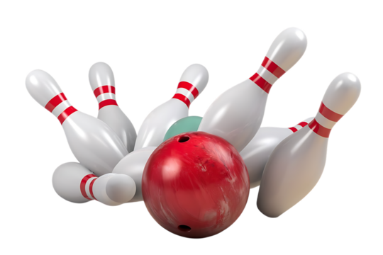 Red bowling ball, striking white pins with red stripes in motion, cutout, PNG isolated on white or transparent background