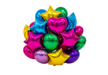 Vibrant assortment of shiny mylar balloons in various festive shapes and colors isolated on transparent background