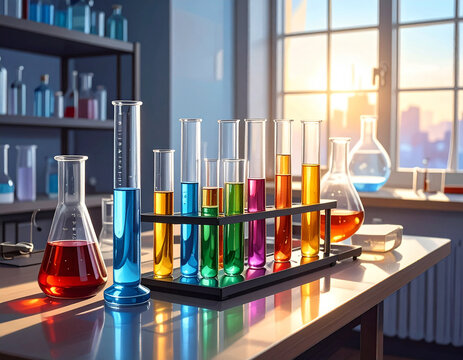 Test tubes and berzelius bottles with colored substances on a table in a laboratory