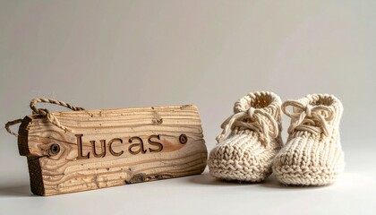 Wooden board with name Lucas engraved and knitted baby shoes. Neutral photo for baby name announcement
