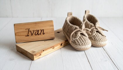 Wooden board with name Ivan engraved and knitted baby shoes. Neutral photo for baby name announcement