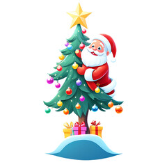 Santa claus decorating a christmas tree with gifts isolated on transparent background isolated on white background