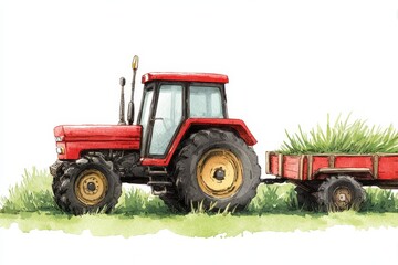 Tractor Trailer Clip Art. Watercolor Cute Farm Set with Red Tractor, Trailer, Hay, and Bush