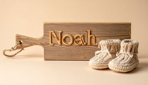 Wooden board with name Noah engraved and knitted baby shoes. Neutral photo for baby name announcement - Powered by Adobe