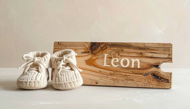 Wooden board with name Leon engraved and knitted baby shoes. Neutral photo for baby name announcement