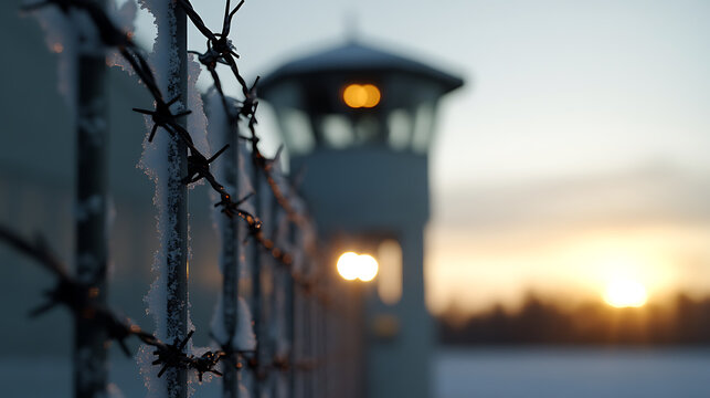 Snow-covered barbed wire fence with a guard tower in the background against a twilight sky. An image evoking feelings of seclusion, security and the contrast of coldness with the promise of dawn.