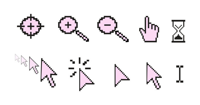 Pixel cursor and pointer icons set in retro style. Minimal pixelated mouse arrow, hand, hourglass, magnifier, and text select symbols for web, apps, and digital design. Vector isolated illustration.