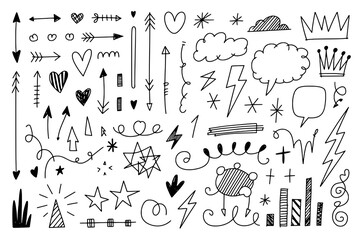 Diverse Hand-Drawn Doodle Icon Set: Arrows, Hearts, Stars, Crowns, Clouds, Lightning Bolts & Abstract Shapes in Black Sketch Style on White Background