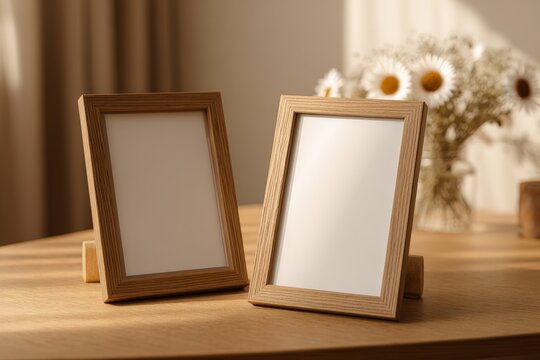 two empty wooden photo frames standing on a beige oak table
