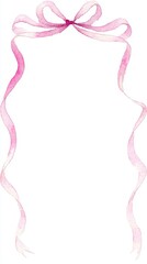 Handpainted watercolor delicate pink ribbon frame with elegant looping bow at the top, flowing rectangular border edges, romantic coquette style isolated on clean white background, soft pastel design