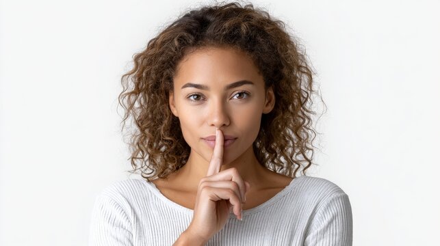 studio portrait of a woman making a quiet gesture with a finger on her lips