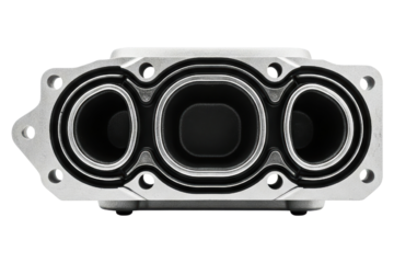 Silver car engine intake manifold with three inlet ports isolated on a transparent background