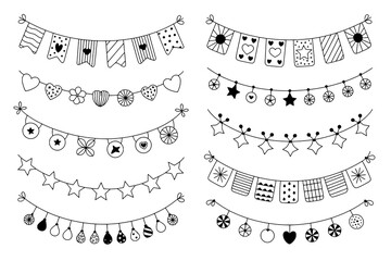 Doodle Style Black and White Garlands Collection with Pennants, Hearts, Stars, and Ornaments