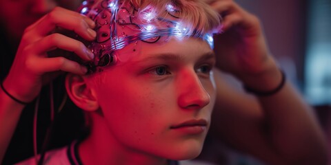 Wireless EEG headband being fitted on subject in neon-lit lab during brainwave monitoring session