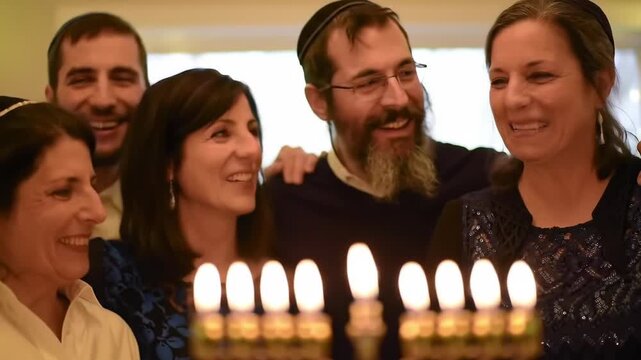 Happy Jewish Family Celebrating Hanukkah Lighting Menorah Candles Together.